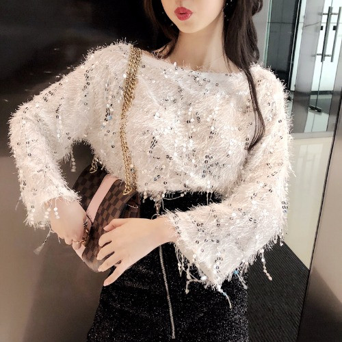 Modern női blúz hosszú ujjal és fehér flitterekkel