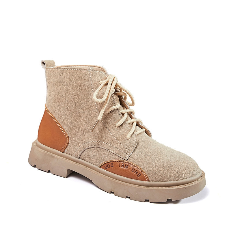 Ghete de dama moderne din piele intoarsa cu un element de piele ecologica in bej si negru