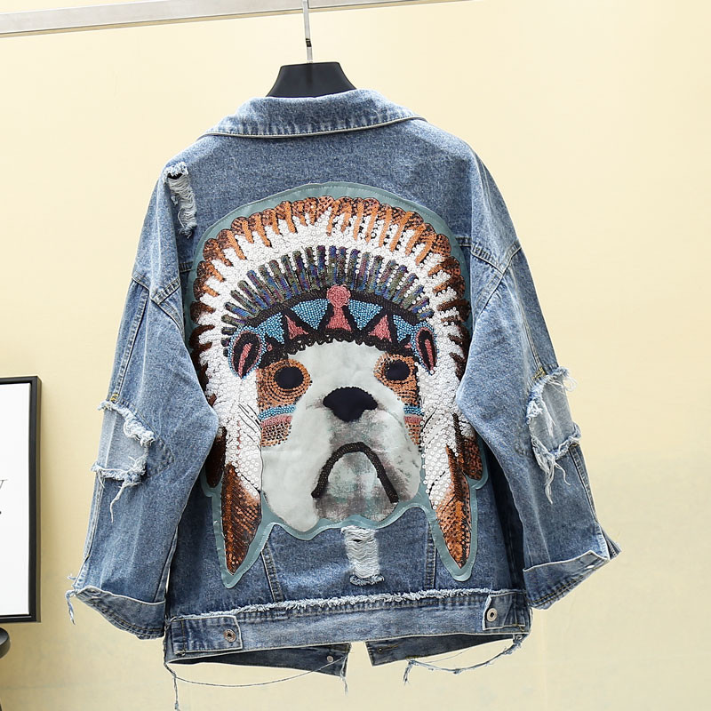 Női farmerdzseki, hátoldalán kék és fekete színben hímzéssel