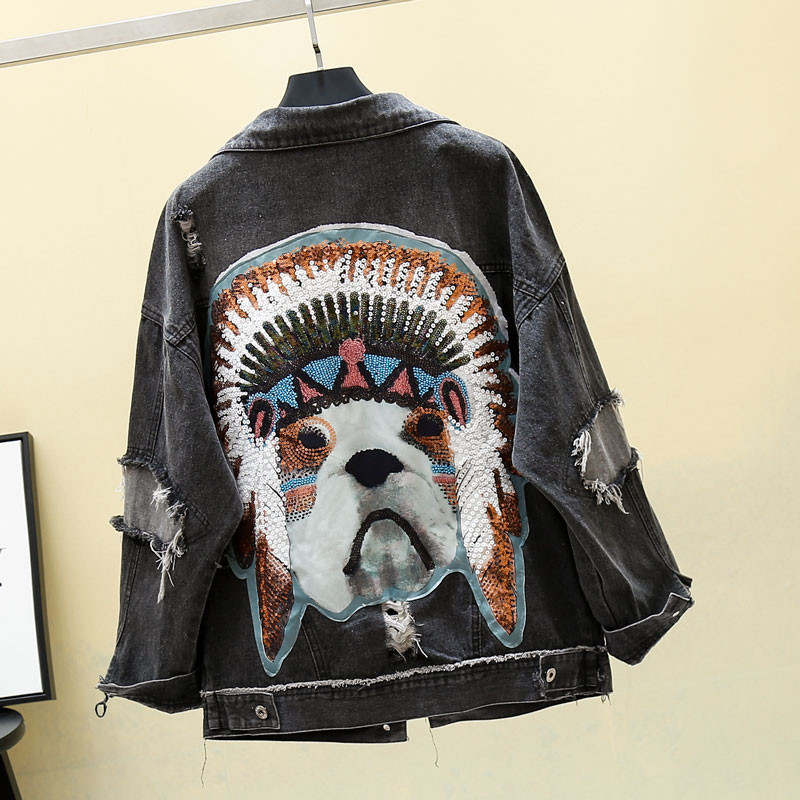 Női farmerdzseki, hátoldalán kék és fekete színben hímzéssel