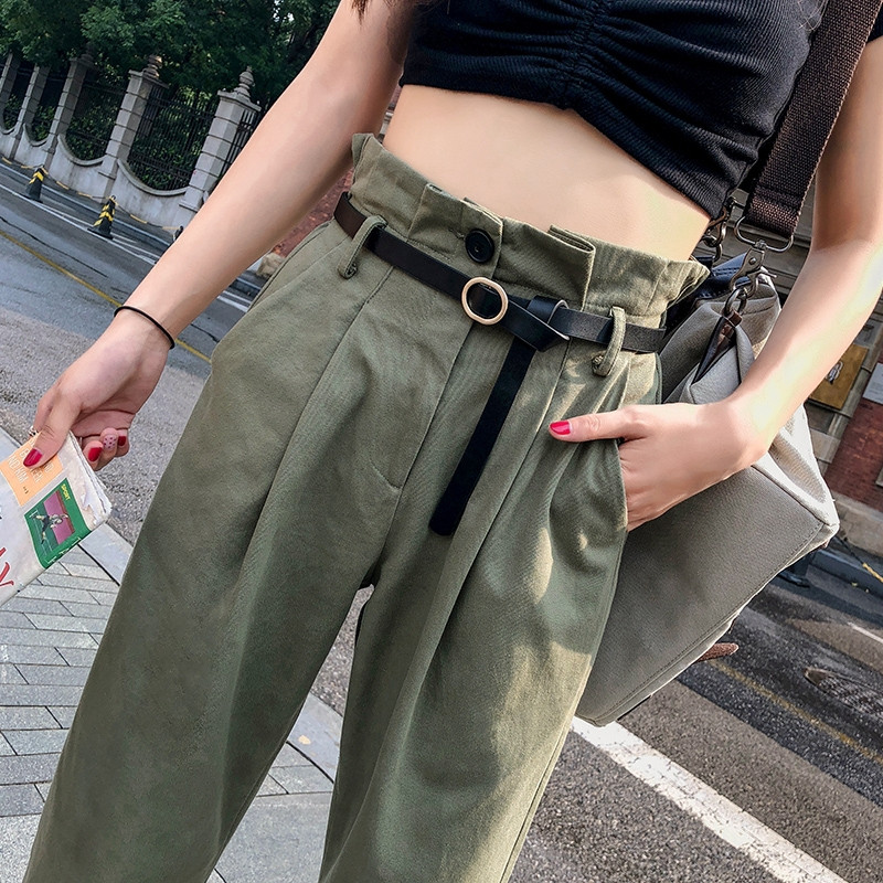 Модерен дамски панталон с висока талия в черен, тъмно зелен и бежов цвят