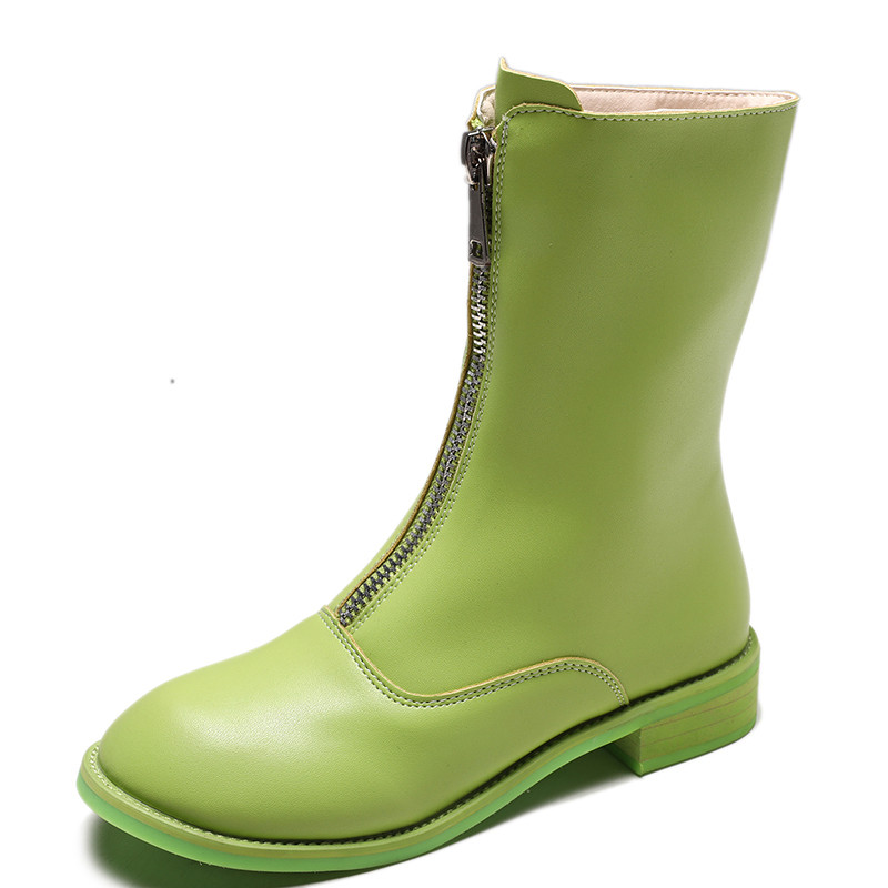 Ghete de dama moderne din piele cu fermoar in negru, verde, portocaliu si alb