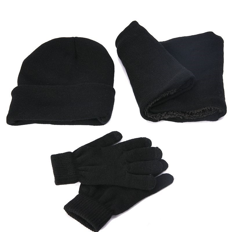 Комплект от шапка, шал и ръкавици в бордо, черен и сив цвят 