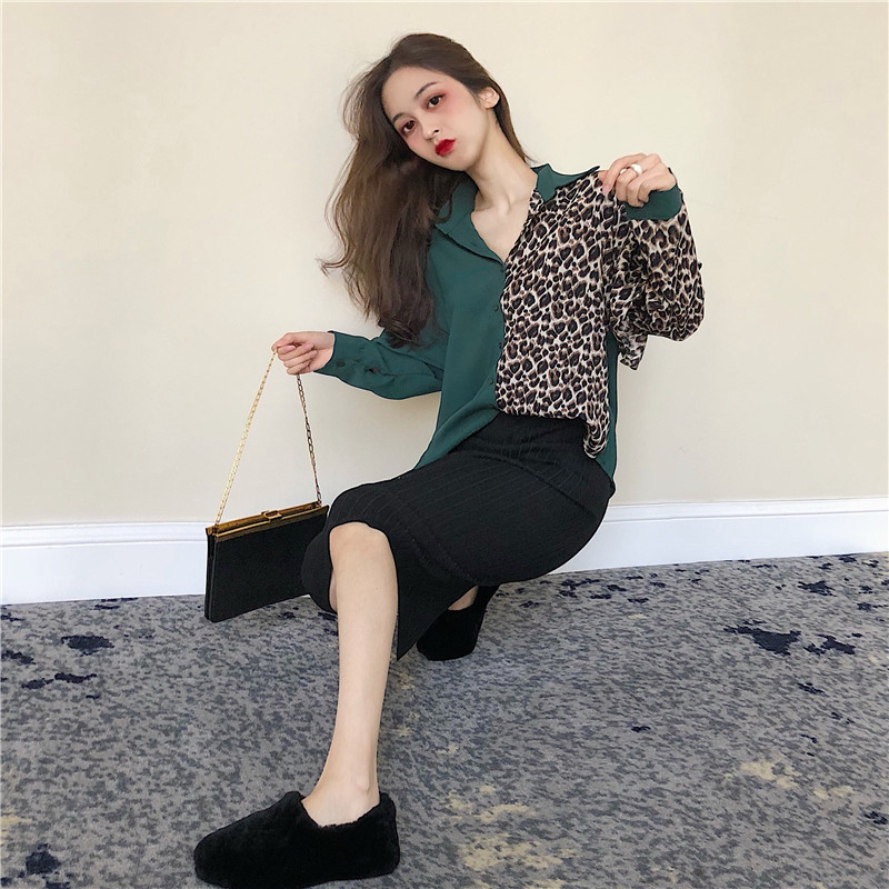 Μοντέρνο γυναικείο πουκάμισο σε μαύρο και πράσινο με ζωική εκτύπωση