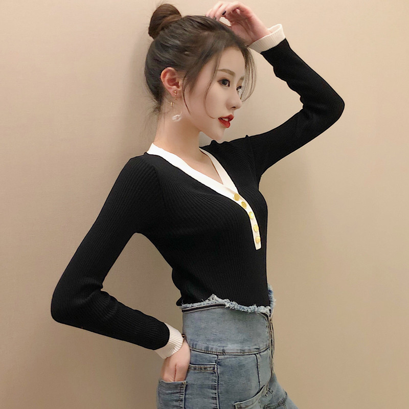 Bluză de damă modernă în două culori cu decolteu în V