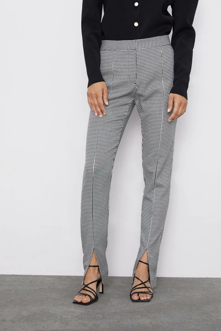 Дамски модерен кариран панталон с висока талия и цепки