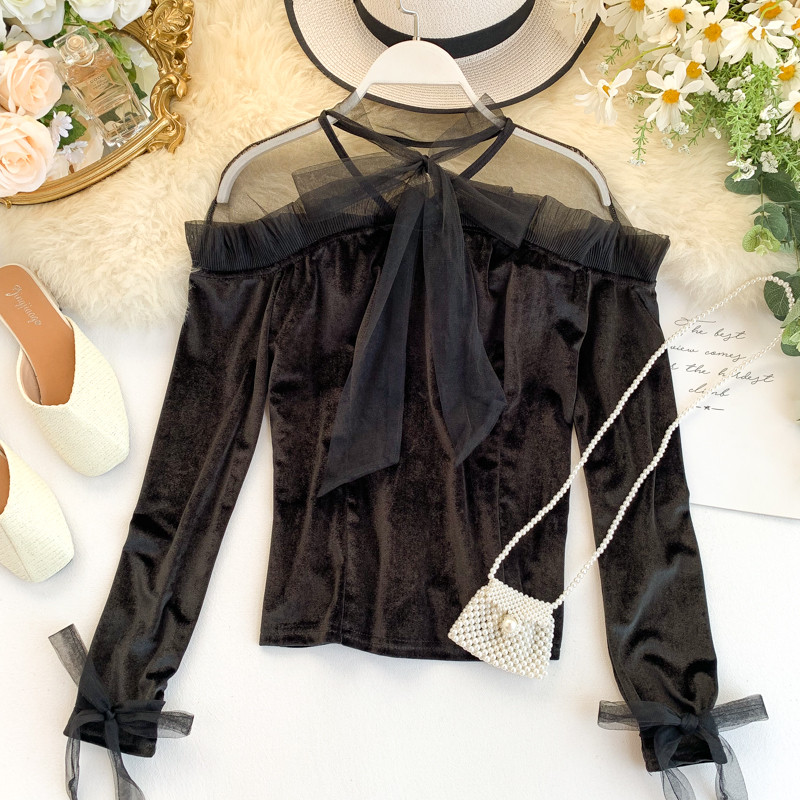 Bluză de damă modernă din catifea cu tul în patru culori