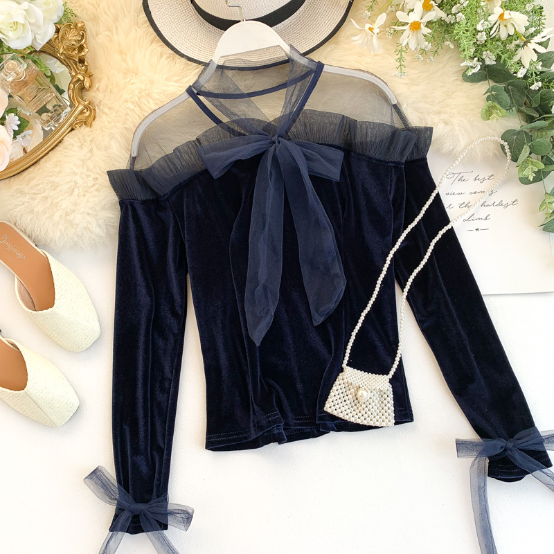 Bluză de damă modernă din catifea cu tul în patru culori