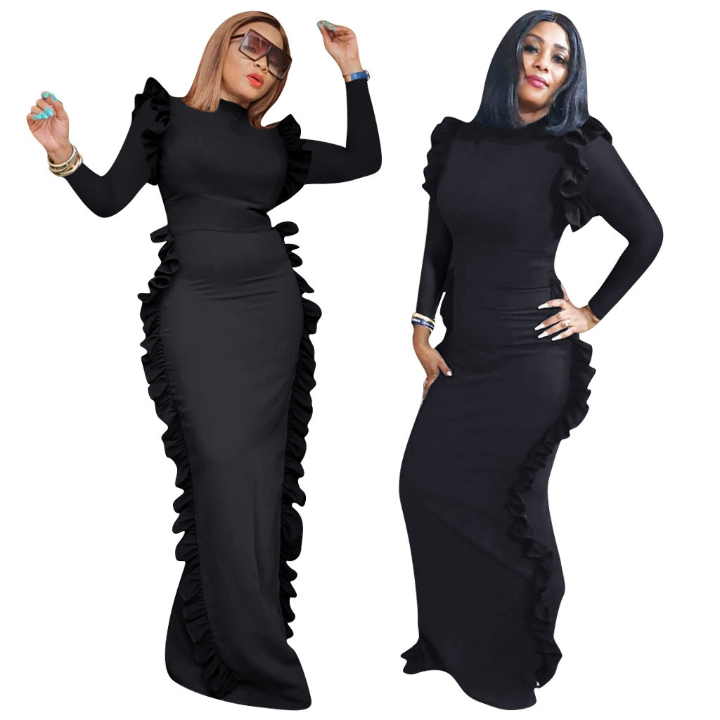 Μακρύ καθημερινό γυναικείο φόρεμα Λεπτό μοντέλομε μακρύ μανίκι σε μαύροο χρώμα