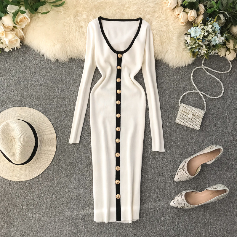 Modern női ruha hosszú ujjal és gombokkal, különböző színekben