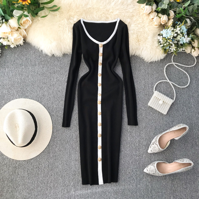 Modern női ruha hosszú ujjal és gombokkal, különböző színekben