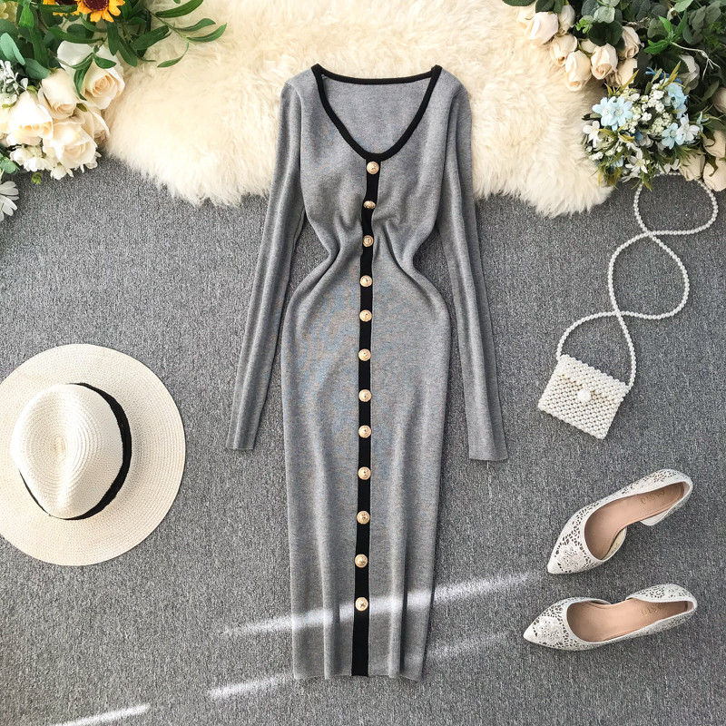 Modern női ruha hosszú ujjal és gombokkal, különböző színekben