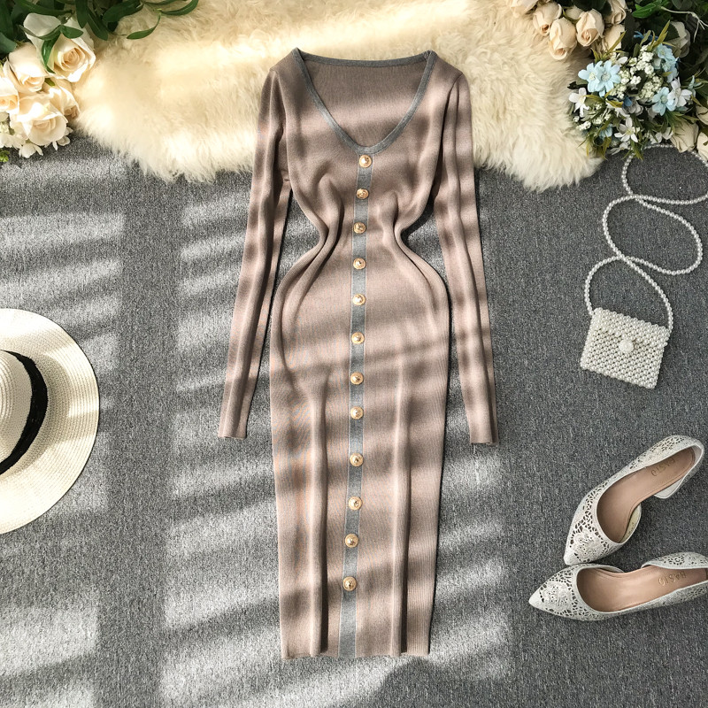 Modern női ruha hosszú ujjal és gombokkal, különböző színekben