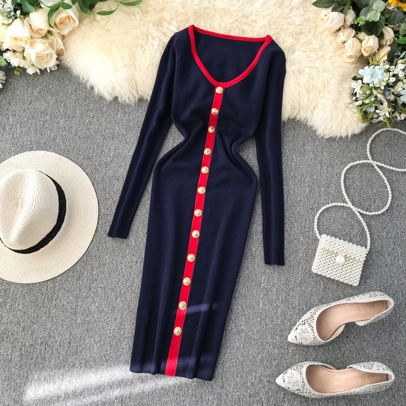 Modern női ruha hosszú ujjal és gombokkal, különböző színekben