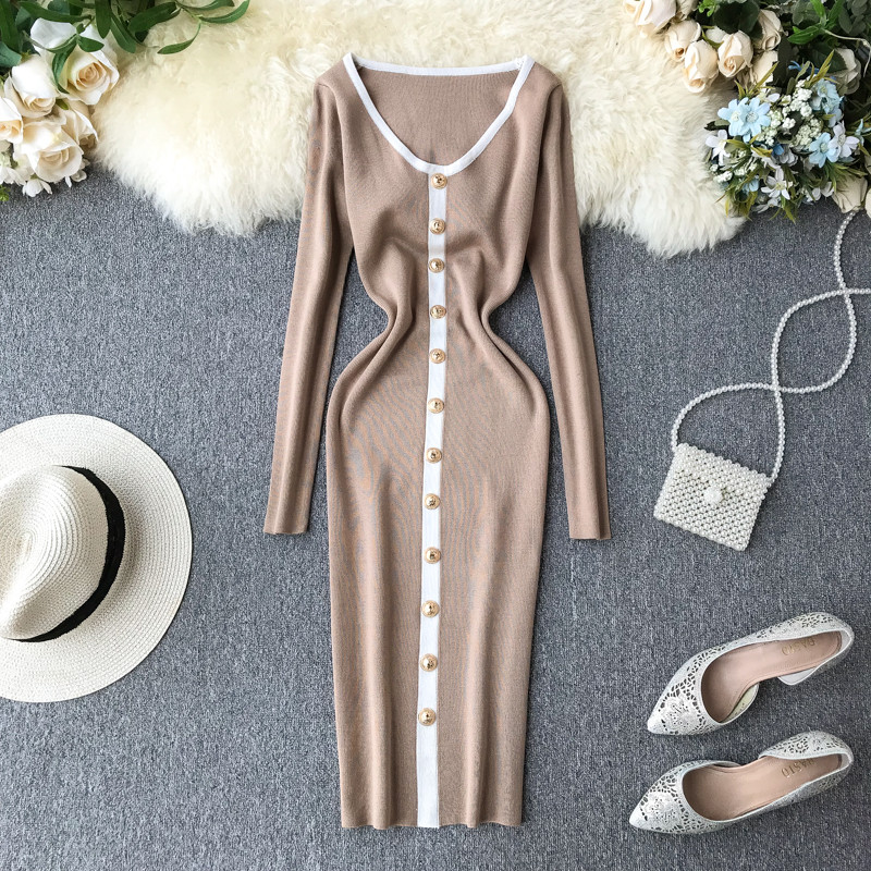 Modern női ruha hosszú ujjal és gombokkal, különböző színekben