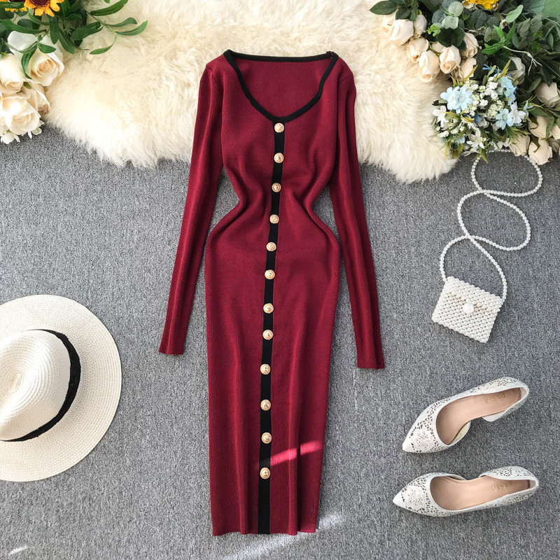 Modern női ruha hosszú ujjal és gombokkal, különböző színekben