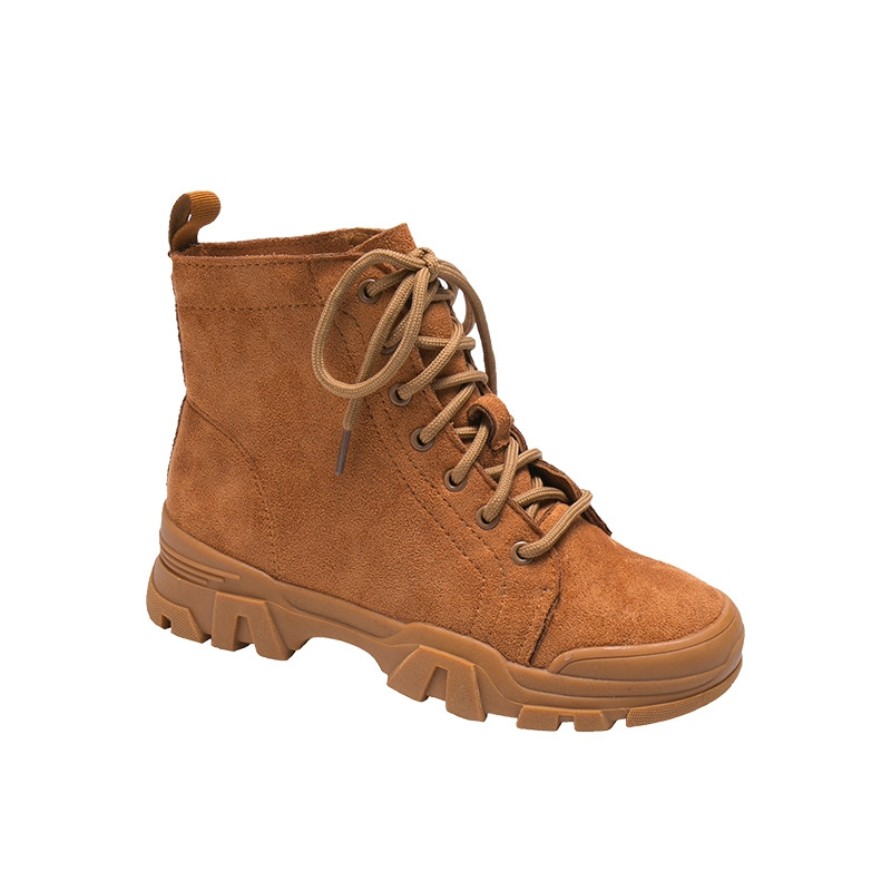 Cizme de dama din piele intoarsa cu sireturi si talpa aspra in negru si portocaliu