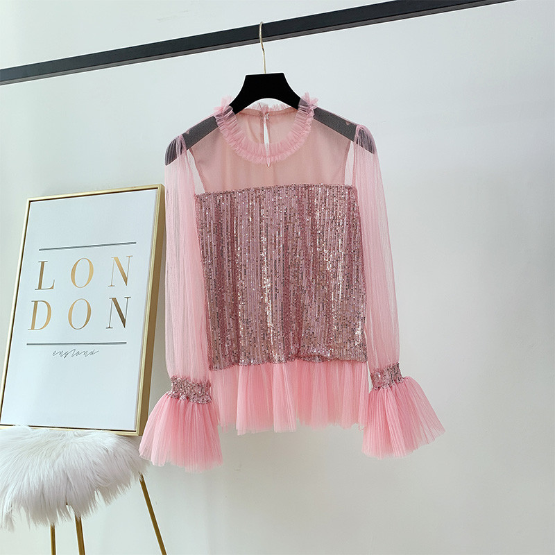 Γυναικεία μπλούζα με πούλιες και τούλι σε δύο χρώματα