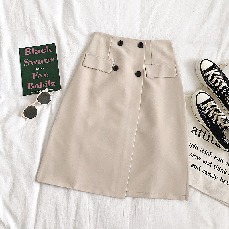 Modern női szoknya három színben, magas derékkal és gombokkal