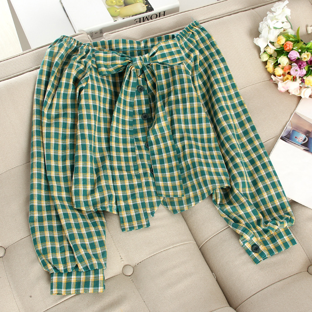 Kockás női ing ejtett ujjakkal és szalaggal több színben