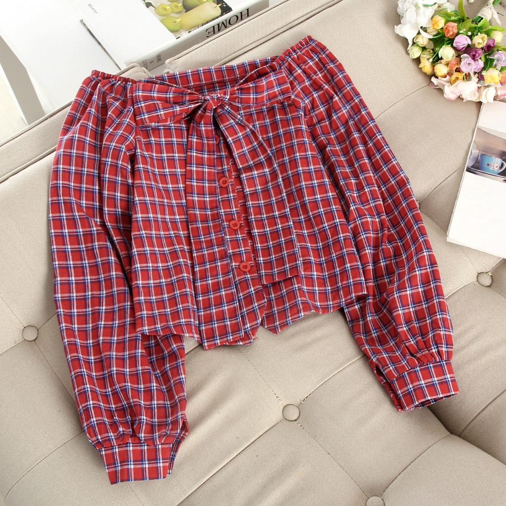 Kockás női ing ejtett ujjakkal és szalaggal több színben