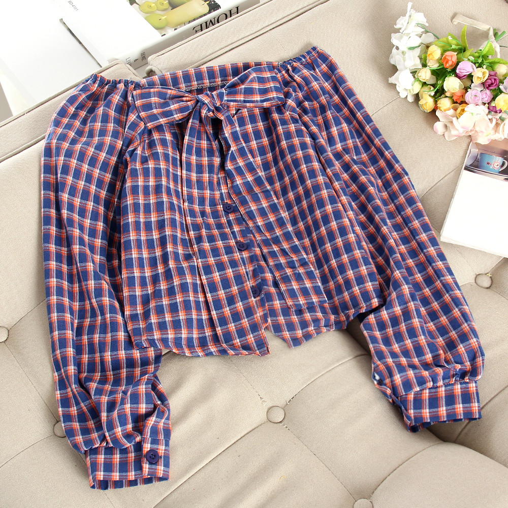 Kockás női ing ejtett ujjakkal és szalaggal több színben