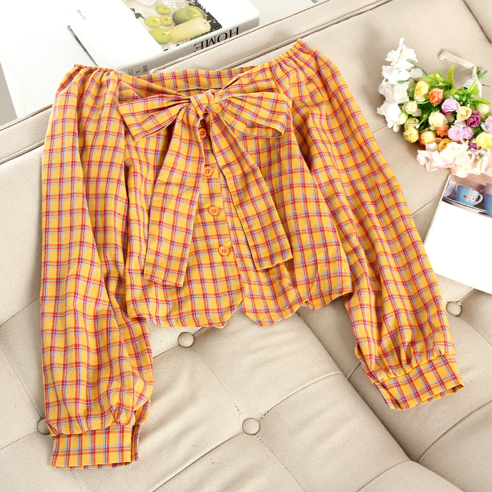 Kockás női ing ejtett ujjakkal és szalaggal több színben