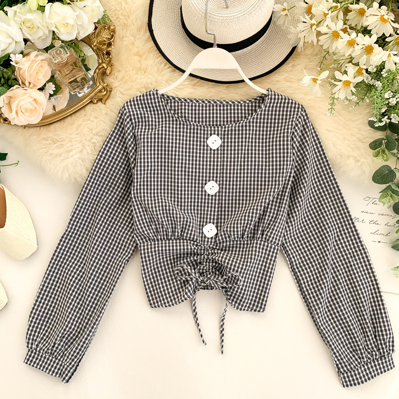 Μοντέρνα γυναικεία  καρό μπλούζα με κουμπιά και κορδόνι σε διάφορα χρώματα