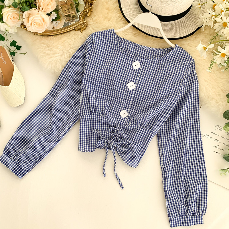 Μοντέρνα γυναικεία  καρό μπλούζα με κουμπιά και κορδόνι σε διάφορα χρώματα