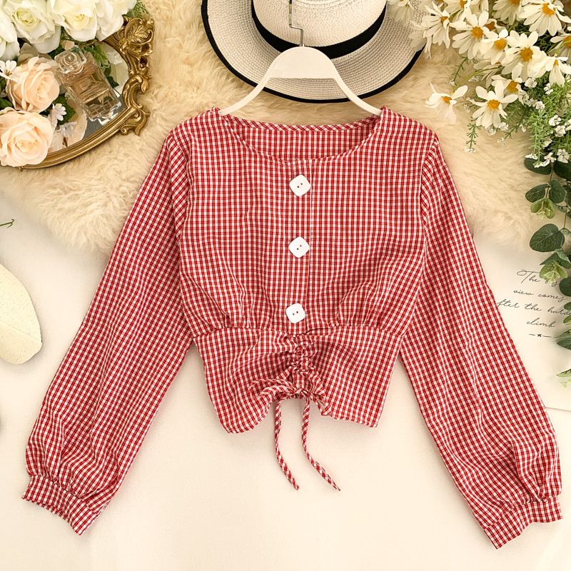 Μοντέρνα γυναικεία  καρό μπλούζα με κουμπιά και κορδόνι σε διάφορα χρώματα