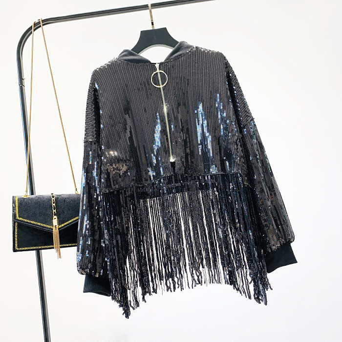 Modern women`s sweatshirt with fringe and sequins in gold, silver and black