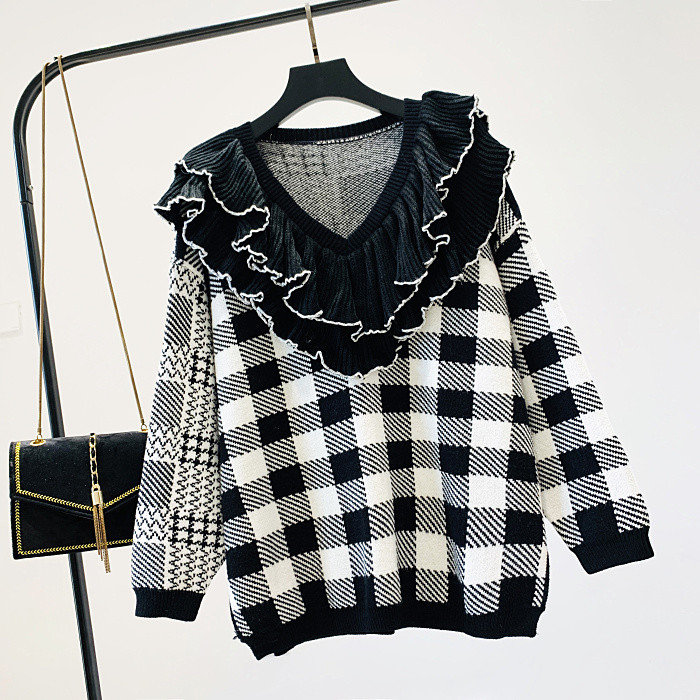 Új modell kockás női pulóver spitz nyakkivágással, három színben