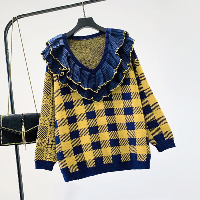 Új modell kockás női pulóver spitz nyakkivágással, három színben