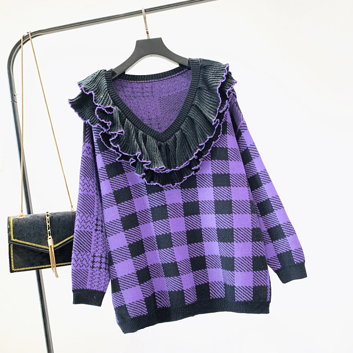 Új modell kockás női pulóver spitz nyakkivágással, három színben