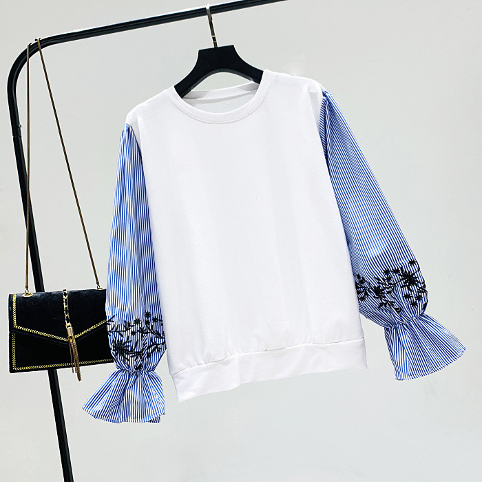 Új modell női blúz fekete, szürke és fehér csíkos ujjakkal