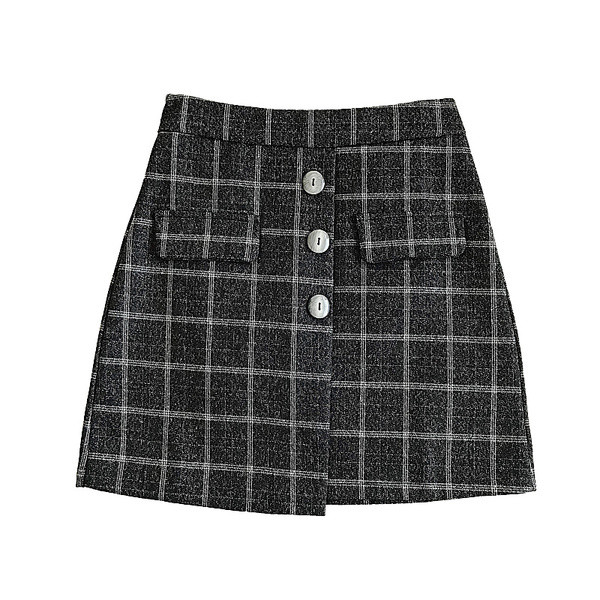 Kockás női szoknya három színben, gombokkal, magas derékkal