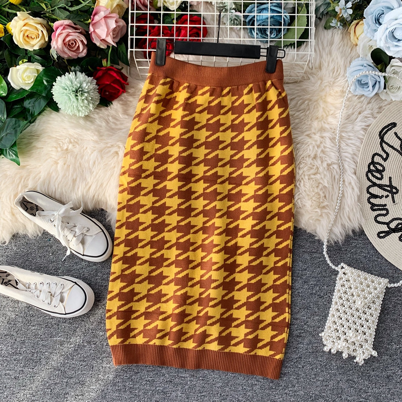 Modern női kötött szoknya két színben, magas derékkal