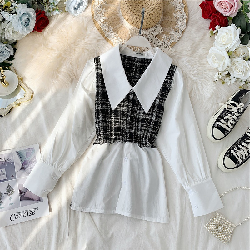 Bluză de damă modernă în carouri cu mâneci lungi și guler