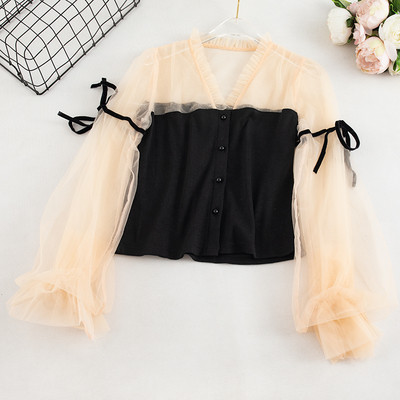 Stílusos női ing fekete és rózsaszín színben gombokkal és V-nyakkal