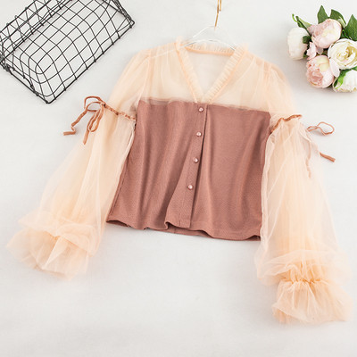 Stílusos női ing fekete és rózsaszín színben gombokkal és V-nyakkal