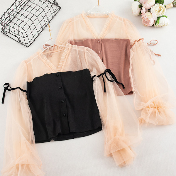 Stílusos női ing fekete és rózsaszín színben gombokkal és V-nyakkal