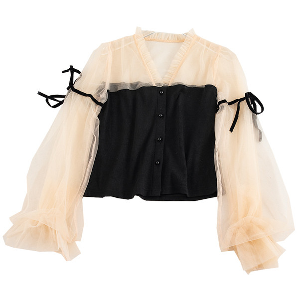 Stílusos női ing fekete és rózsaszín színben gombokkal és V-nyakkal