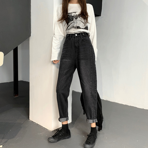 Blugi de dama in doua culori cu talie inalta - gri si albastru