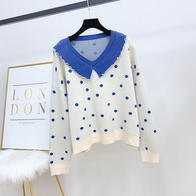 Modern női pöttyös pulóver spitz nyakkivágással