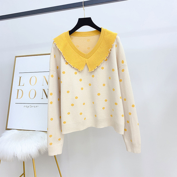 Modern női pöttyös pulóver spitz nyakkivágással