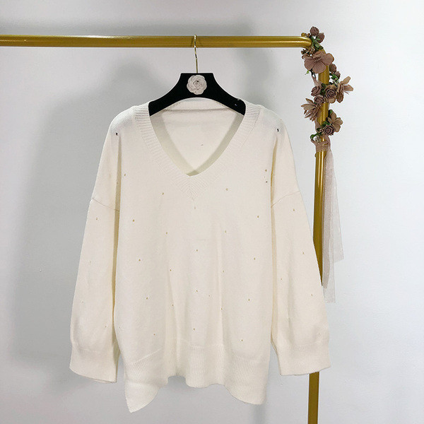 Pulover casual de dama cu decolteu spitz in rosu, galben, verde si alb