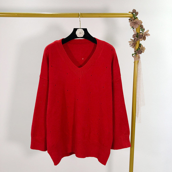 Pulover casual de dama cu decolteu spitz in rosu, galben, verde si alb