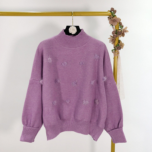 Női alkalmi pulóver sárga, lila és bézs pehelyszínnel