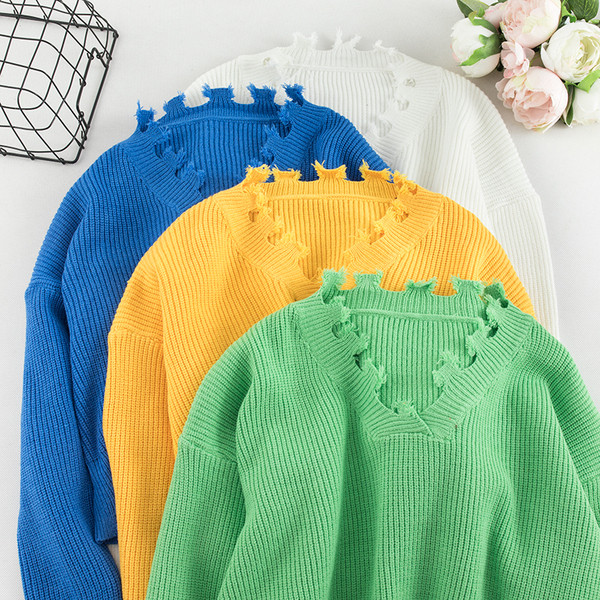 Pulover casual de dama in patru culori cu decolteu in V