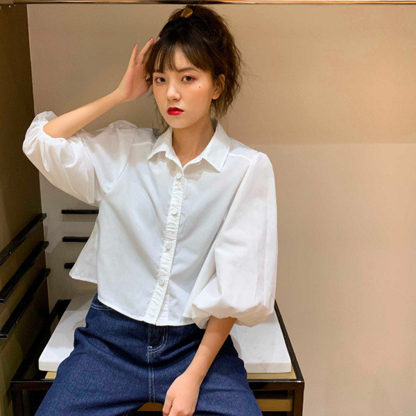 Női alkalmi rövid ing kék-fehér színben